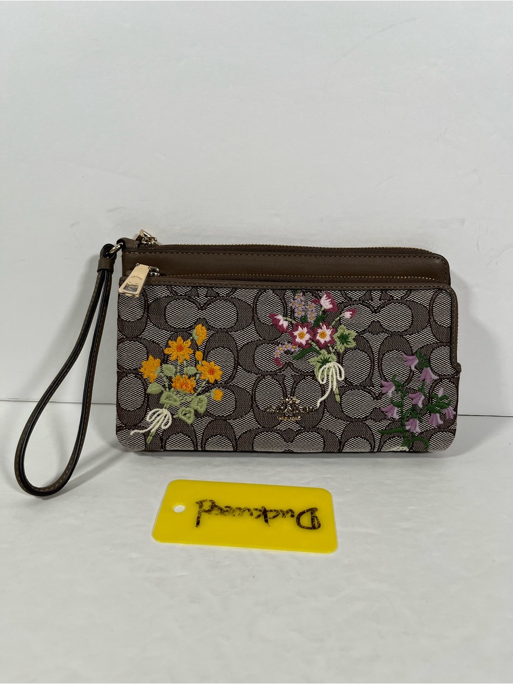 NWT Coach Double Zip Wristlet Signature Jacquard Floral Embroidery Oak CEF63
